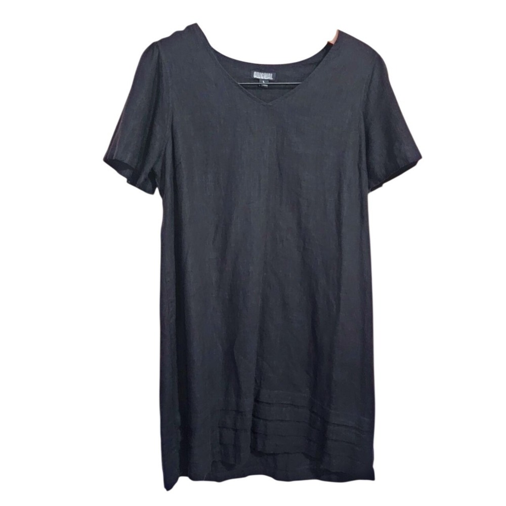 Vtg Nicole Miller Original Size Large Black Linen Blend Shift Dress Pintuck Hem